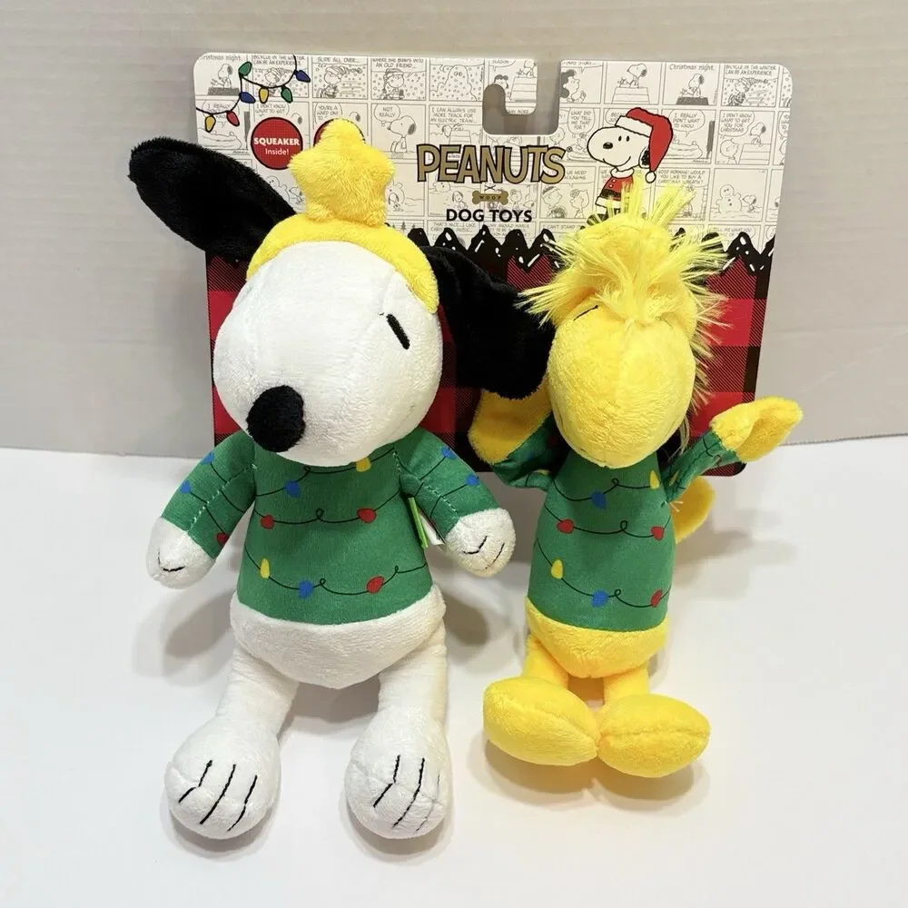 Peanuts 2 Pack Dog Toys Snoopy & Woodstock Christmas Plush Squeaky New